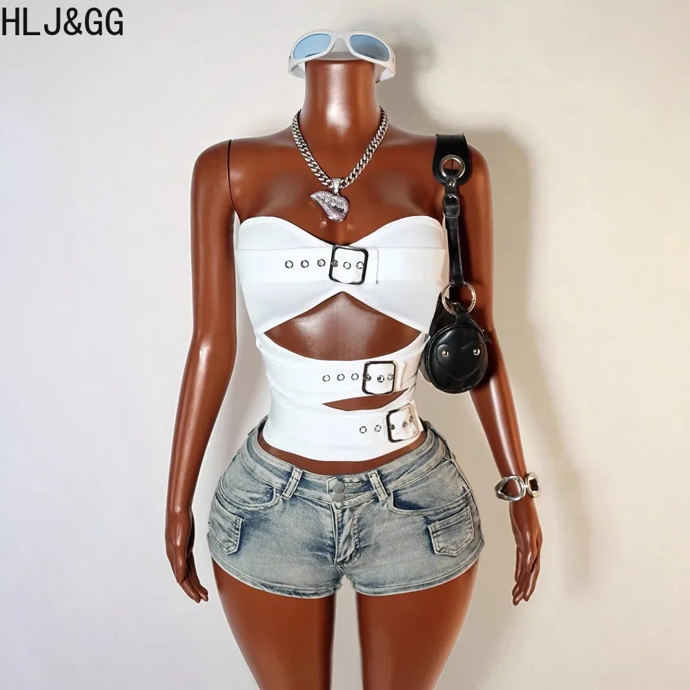 HLJ&GG Retro American Denim Shorts Two Piece Sets Women Off Shoulder Hollow Crop Top And Shorts Outfits Fashion Y2K Streetwear