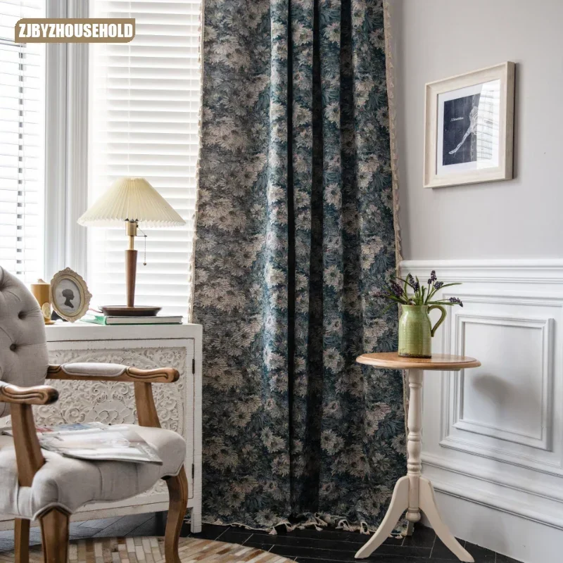 

Blue Oil Painting Flower Curtains for Living Dining Room American Country Floating Window Curtains Finished Semi-Blackout