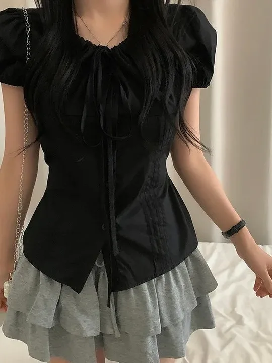 

Korean Sweet Short Sleeve Women's Shirt Summer Bubble Sleeve Waist Cinched Slimming School Style Top Trendy round Neck Button...