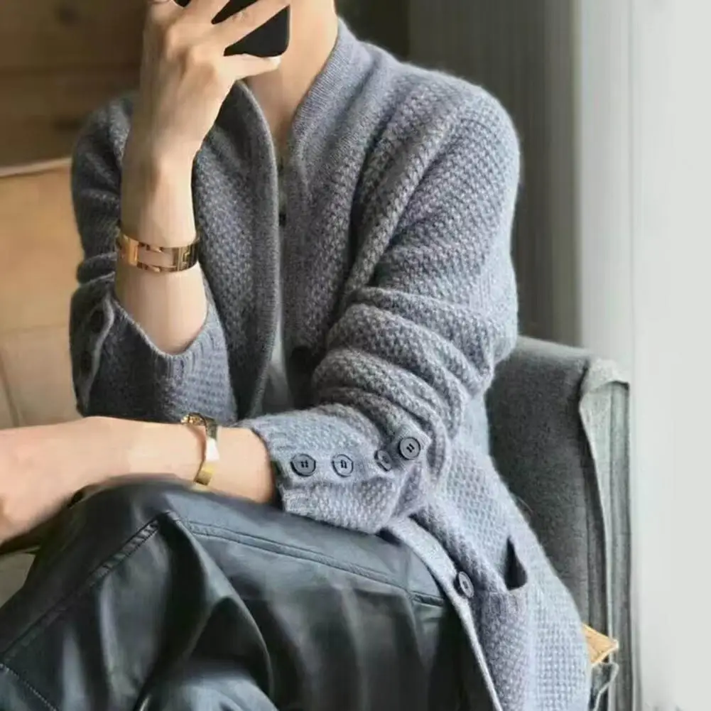 

Women Lightweight Coat Stylish Stand Collar Winter Coat with Button Decor Knitted Thickened Cardigan Jacket for Women Solid