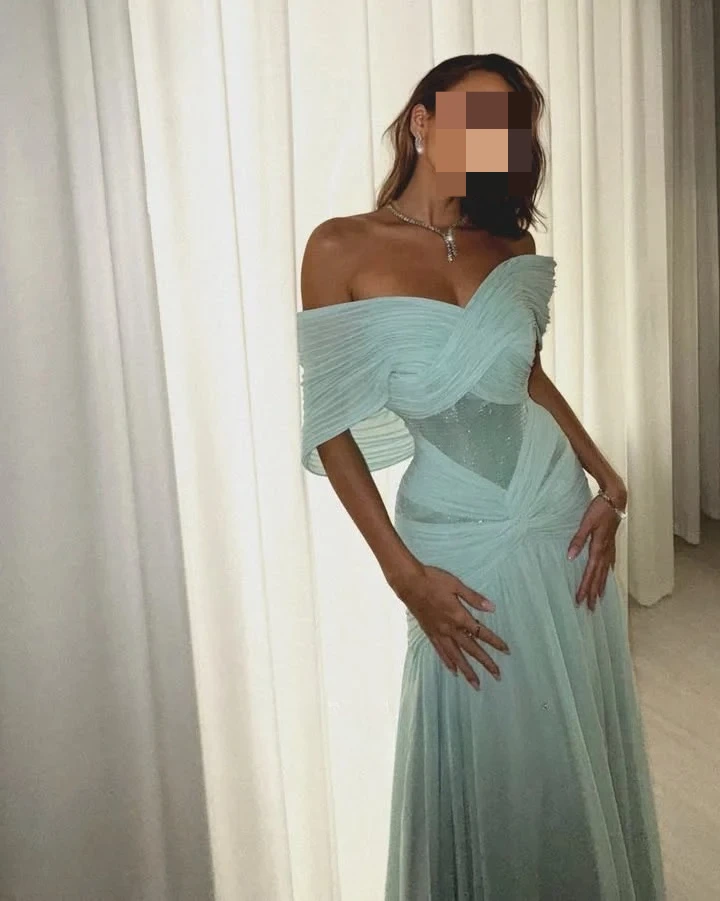 Verngo Blue Chiffon Evening Dress Off The Shoulder Mermaid Formal Occasion Dress Saudi Arabia Prom Gowns Customized image 2