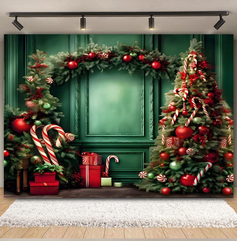 Christmas Tree Backdrop Fireplace Wreath Gift Green Wood Door Snowflake Holiday Family Party Photography Background Photo Studio