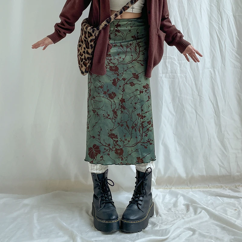 SUCHCUTE Y2K Vintage Floral Printing Midi Skirts Women Harajuku Fairycore Green Straight Maxi Skirt Aesthetic Sweet Girl Clothes