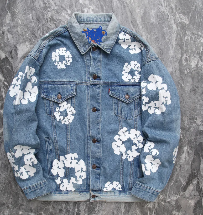 

2024 Spring Men's and Women's Kapok Jeans Full Print Motorcycle Jeans Jacket Men's Fashion Trendy Coat korean men clothing