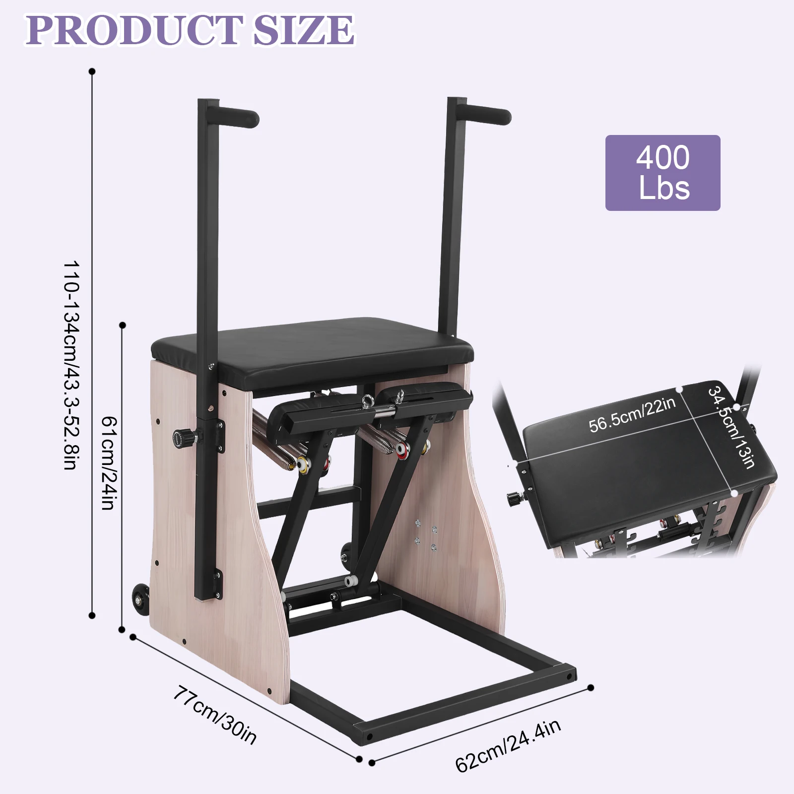 Oak Wood Pilates Chair Reformer Machine with Adjustable Resistance with Springs Split Pedal Handles for Home Use and Studio view 6