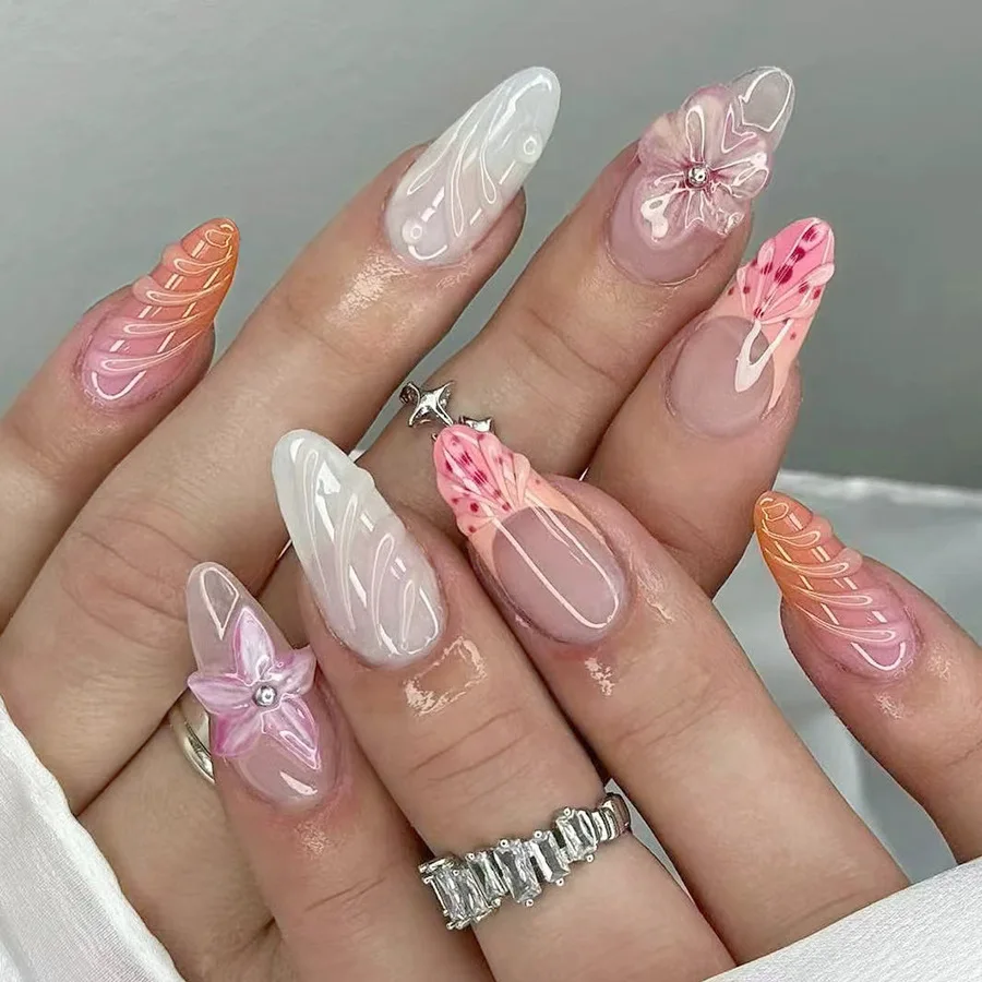 24個入り レオパード柄 シャイニーパウダー フレンチネイル フラワー スターフィッシュ フェイクネイル 付け爪 ミディアムアーモンド型 再利用可能 マニキュアチップ