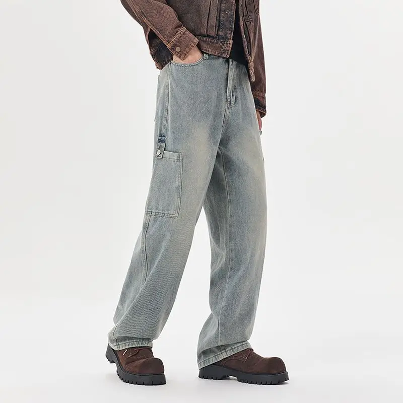 

Новые джинсы с большими карманами, потертые хлопковые американские свободные широкие прямые брюки, повседневные мужские универсальные брюки в стиле ретро