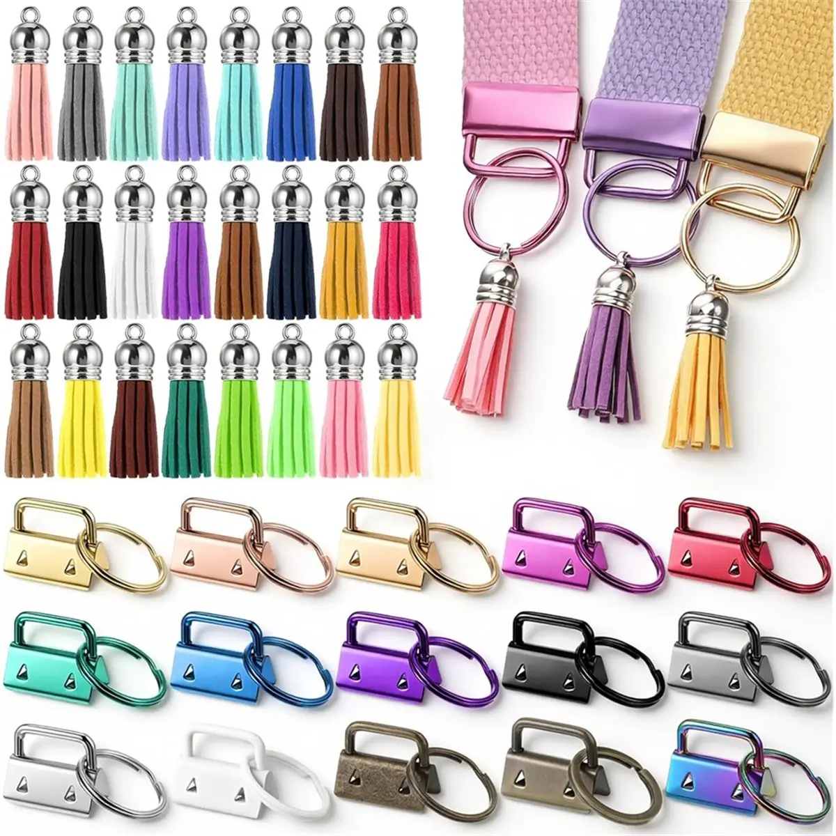 【STABLE QUALITY】192 Pcs Key Fob Hardware Set, 96 Keychain Hardware with 96 Tassels Colorful Keychain Hardwares Set for Key Chain