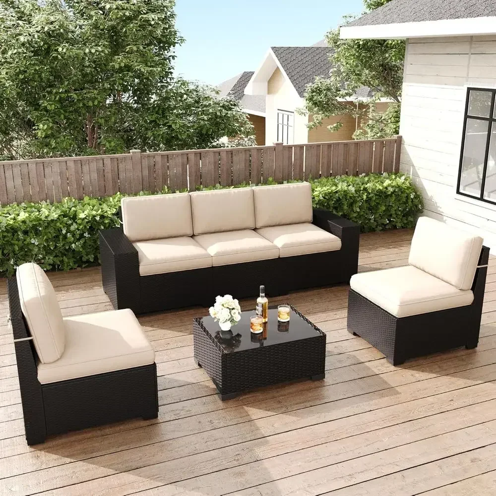 6-Piece Outdoor Patio Sectional Sofa Set in Black Rattan Style