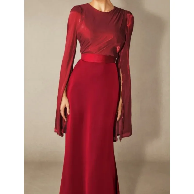 Tinaa Red Mermaid Floor-Length Dress Women Slit Long Sleeve Lace-up Waist Elegant Christmas Evening Party Max Dresses 196139