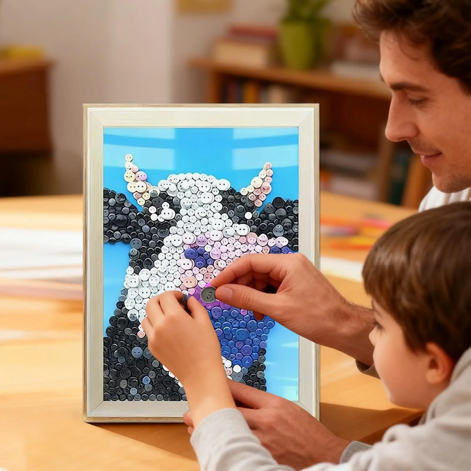 ボタンアートペインティングキット フレーム付き家族向けインタラクション 樹脂製牛動物ボタンペインティングキット リビングルーム 寝室 教室用