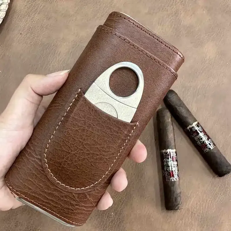 

Portable Durable Leather Case Holder 3 Cigar Case Tube Travel Brown Cigar Cedar Humidor With Cigar Cutter 179