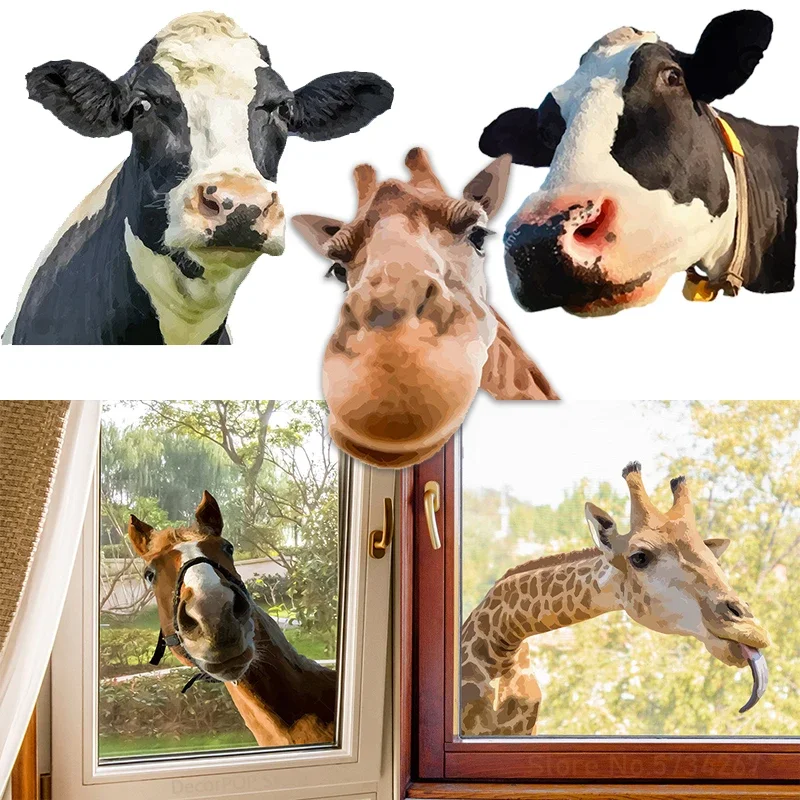 Watercolor Cow Horse Giraffe Animals PVC  Window Wall Stickers Farmhouse Decor Home Decoration Car Rear Windshield Party Decals