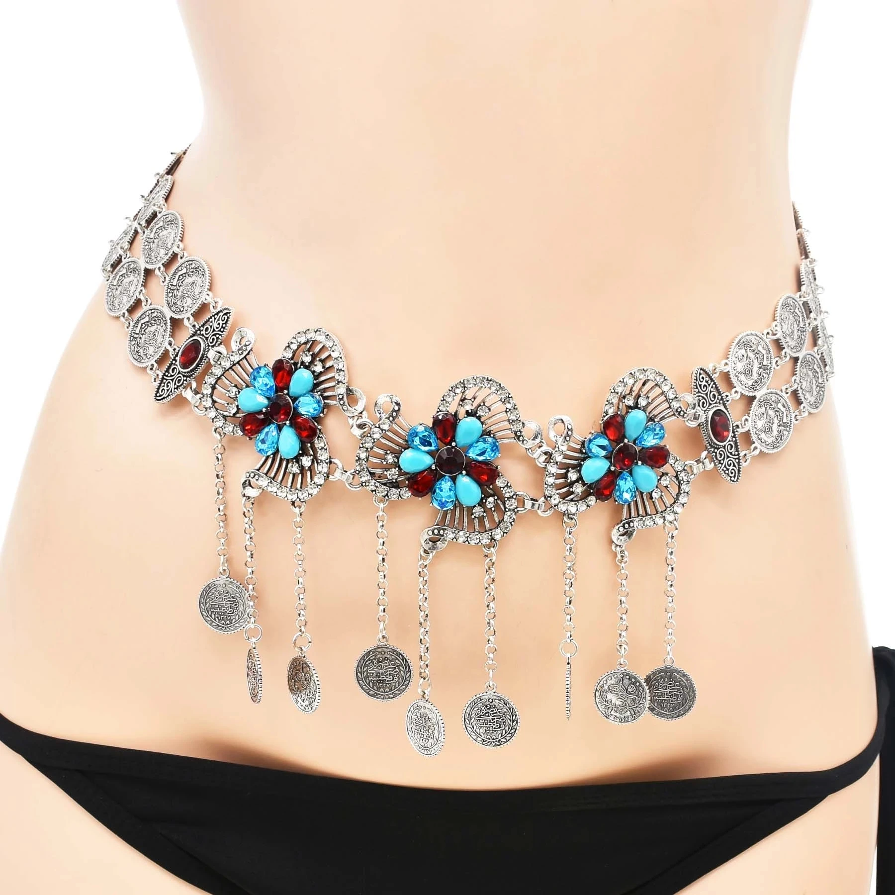 Retro Fashion Crystal Flower Coins Long Tassel Ethnic Belly Chains Gold Color Bohemian Beach Party Belts Sexy Metal Body Jewelry