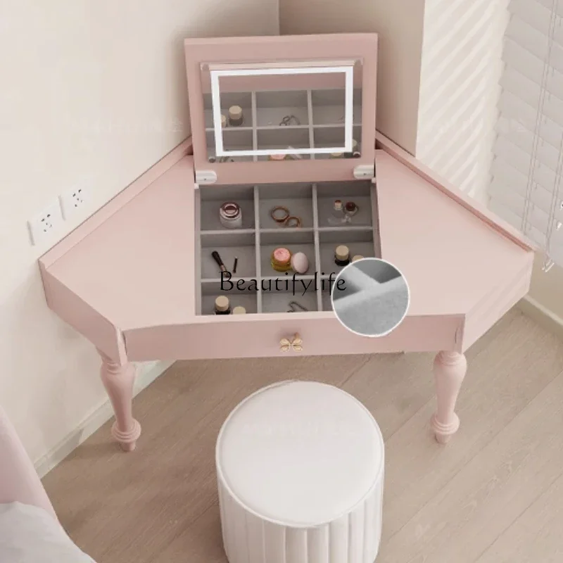 

yj32 Flip Lights Storage Vanity Table Mirror Drawers Woman Small Cabinet Bedroom Dressers Girl Makeup Pink Coiffeuse Furniture H