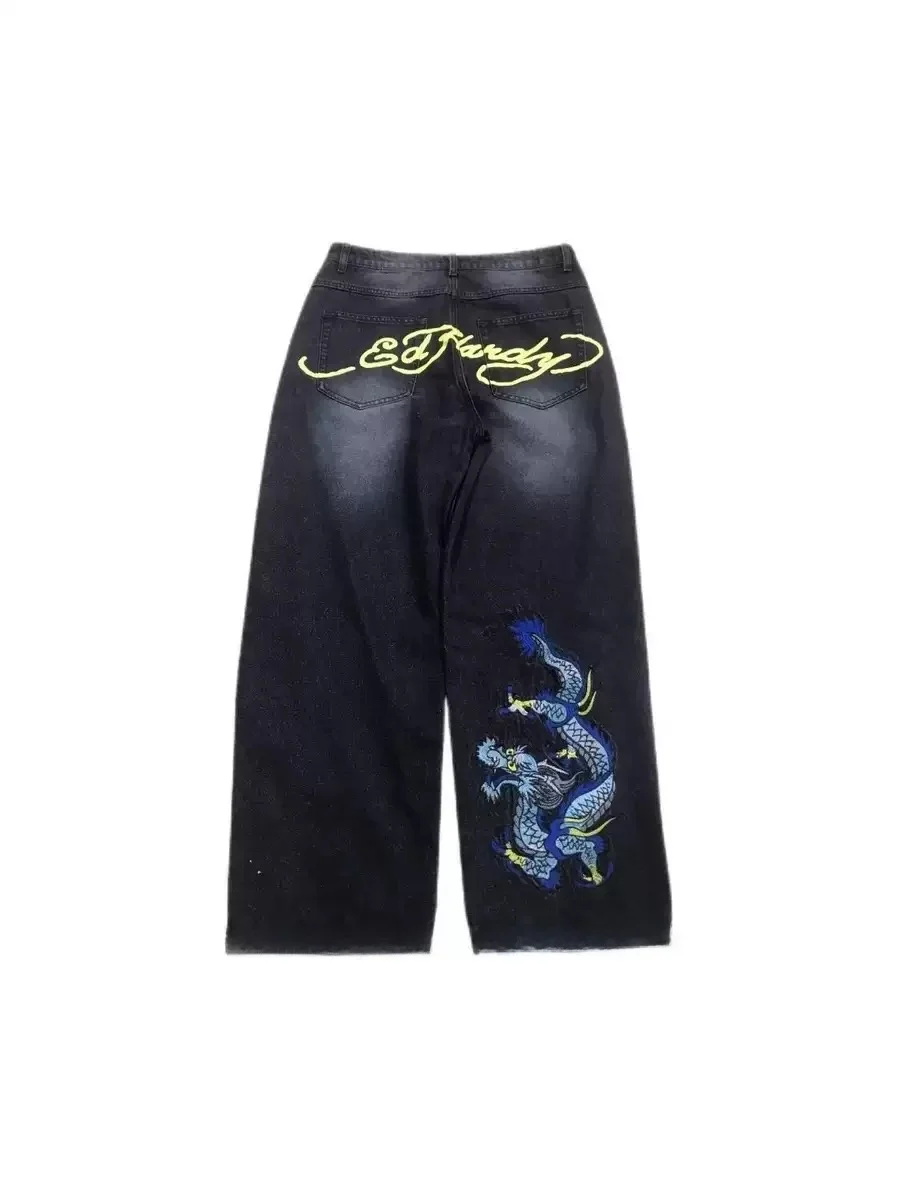 

Ретро-джинсы в американском стиле хип-хоп с вышивкой, свободные прямые брюки из денима для скейтбординга, повседневные джинсы со средней посадкой для молодежи