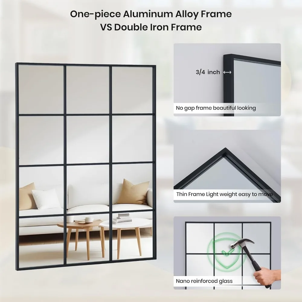 مرآة فنية سوداء مثبتة على الحائط، مقاس 30 × 48 بوصة، مرآة مائل مزخرفة على طراز المزرعة لغرفة النوم