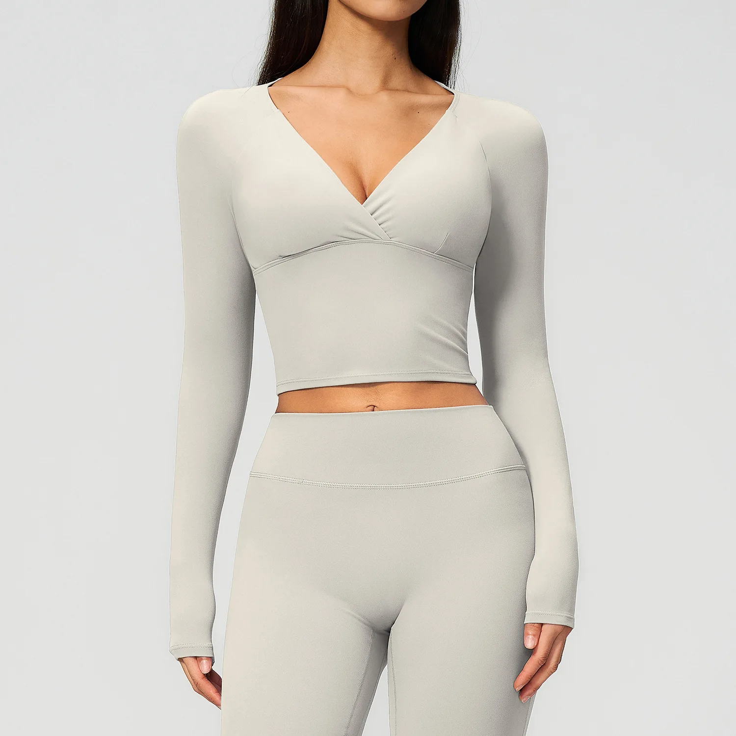 Women Twist V‑Neck Long Sleeve Yoga Top Thumb Hole Cropped Workout T‑Shirt Soft Naked Feeling Slim Fit Gym Running Pilates Fitne
