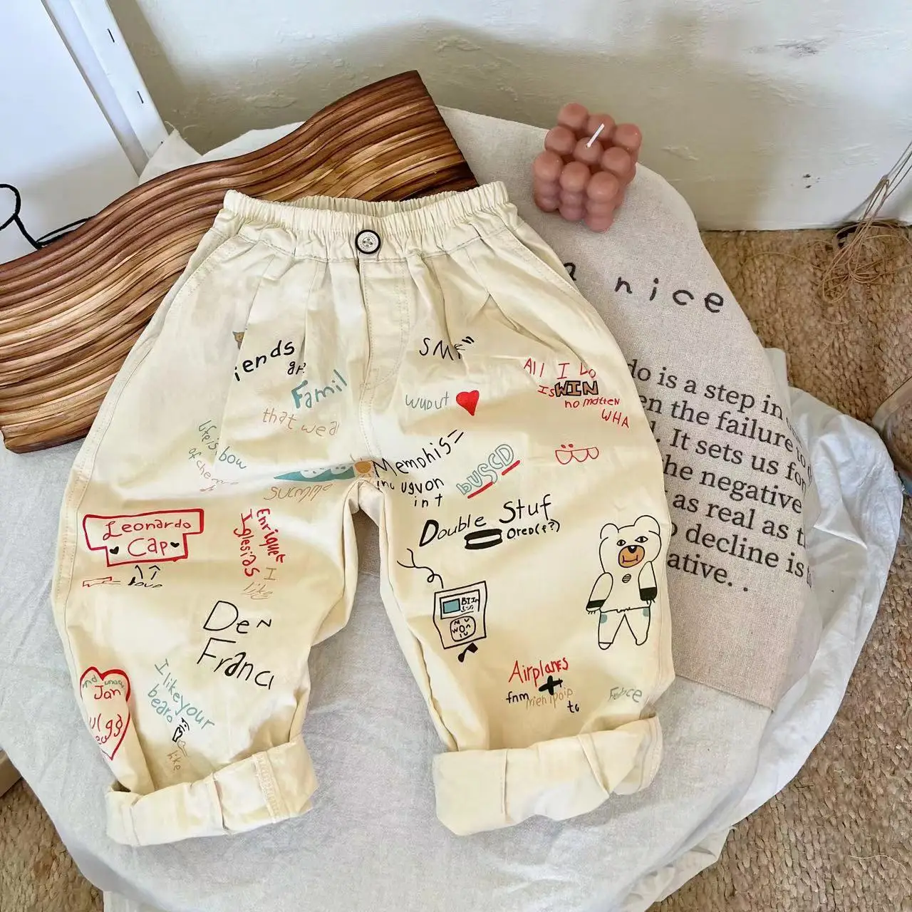 2024 Summer New Boy Girl Children Cartoon Print Casual Pants Baby Letter Pockets Loose Pants Kid Cute Cotton Wide Leg Trousers