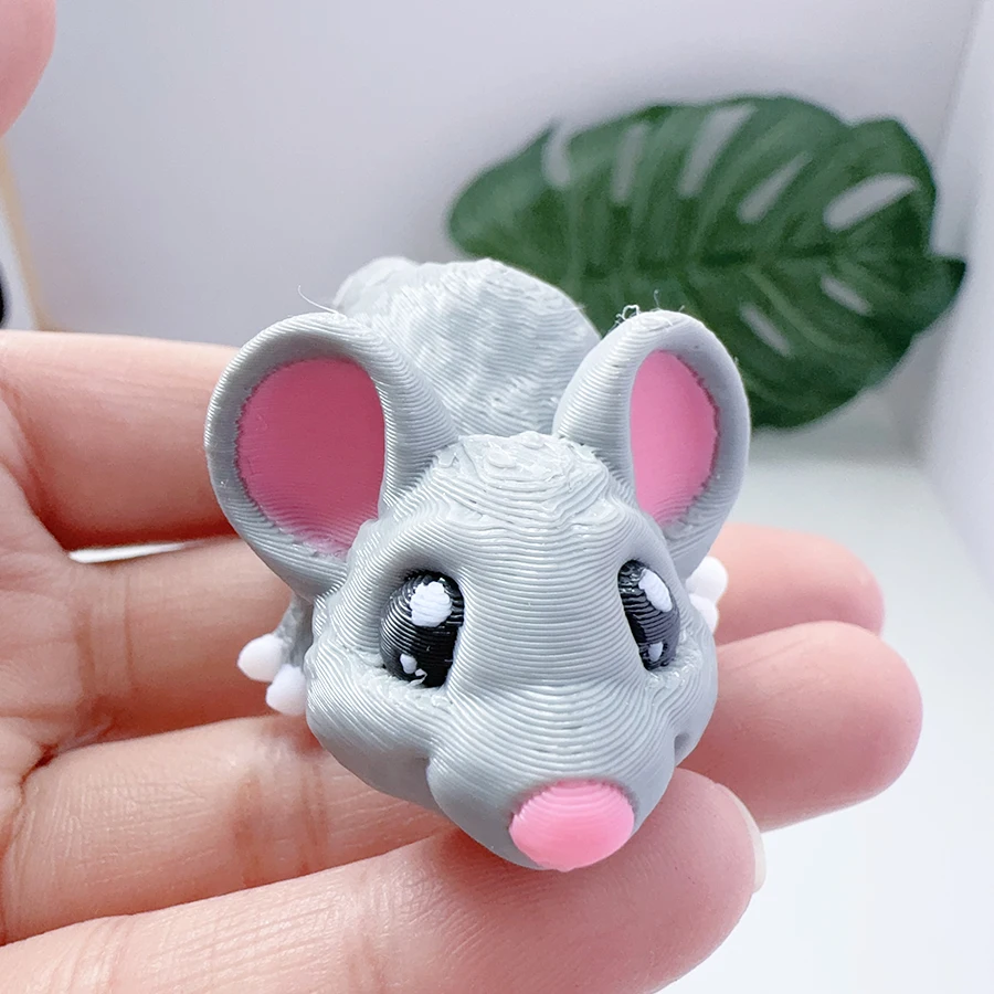 Modelo de ratón lindo impreso en 3D, animal de plástico con articulaciones móviles, escultura creativa de decoración de escritorio