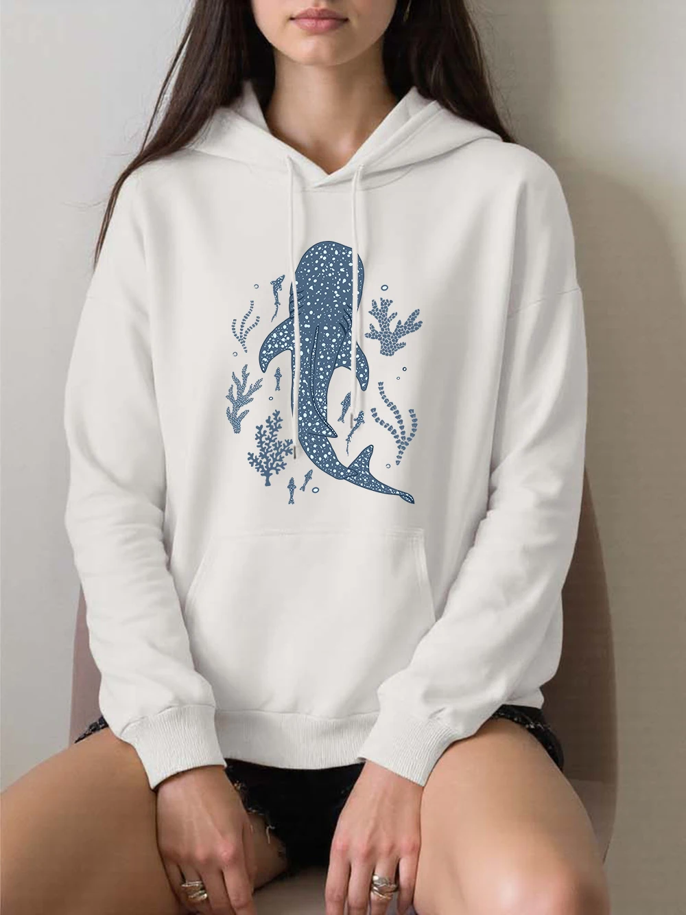 Coral & Whale Prints Hoodies Women Comfortable Loose Sweatshirts Winter Fleece Warm Pullovers Basics Casual Pocket Woman Clothes