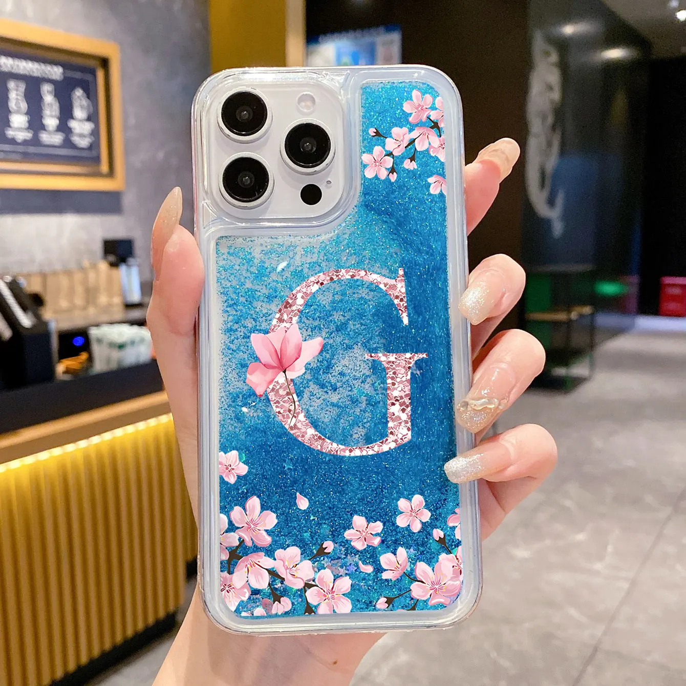 Coque de téléphone transparente de luxe en fleurs de cerisier, liquide dynamique, sable mouvant, pour iPhone 15 14 13 12 11 Pro Max, couverture arrière à paillettes