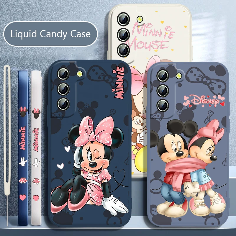 Mickey Minnie Pink Phone Case For Samsung Galaxy S23 S22 S21 S20 S10 Ultra Plus Pro FE Liquid Left Rope Candy Cover Coque Capa