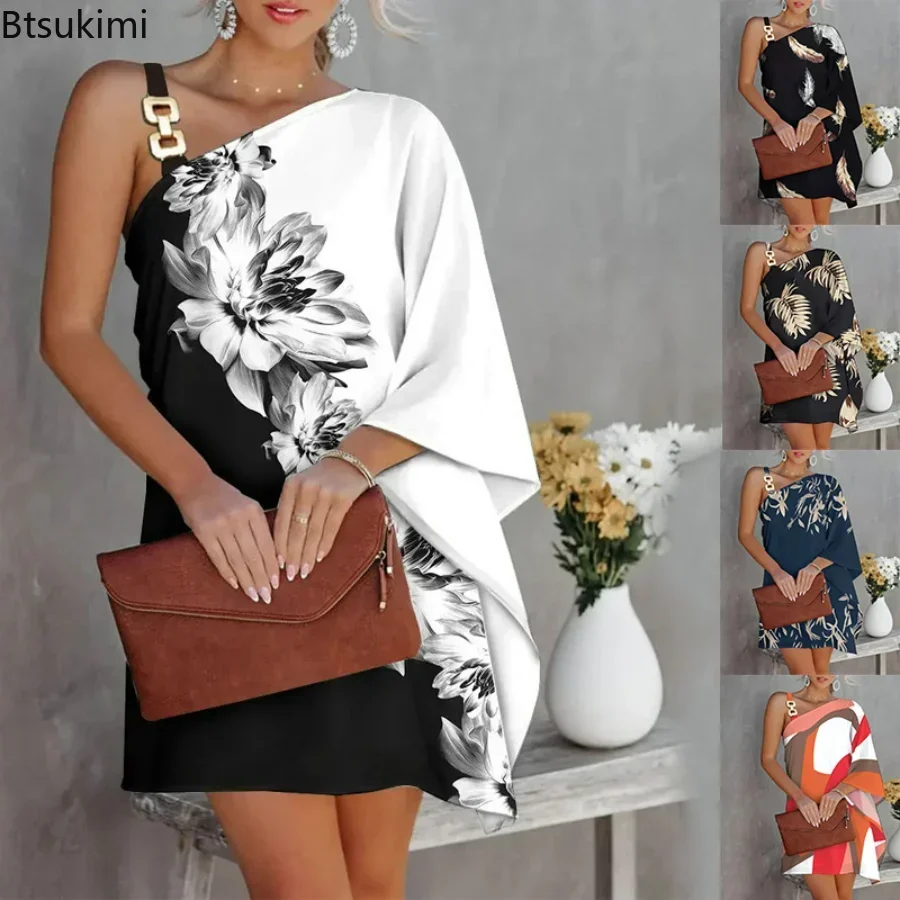 New 2026 Women's Retro Print Mini Dress Sexy Slant Neck Off Shoulder Boho Style Loose Dress Summer Elegant Street Dresses Femme