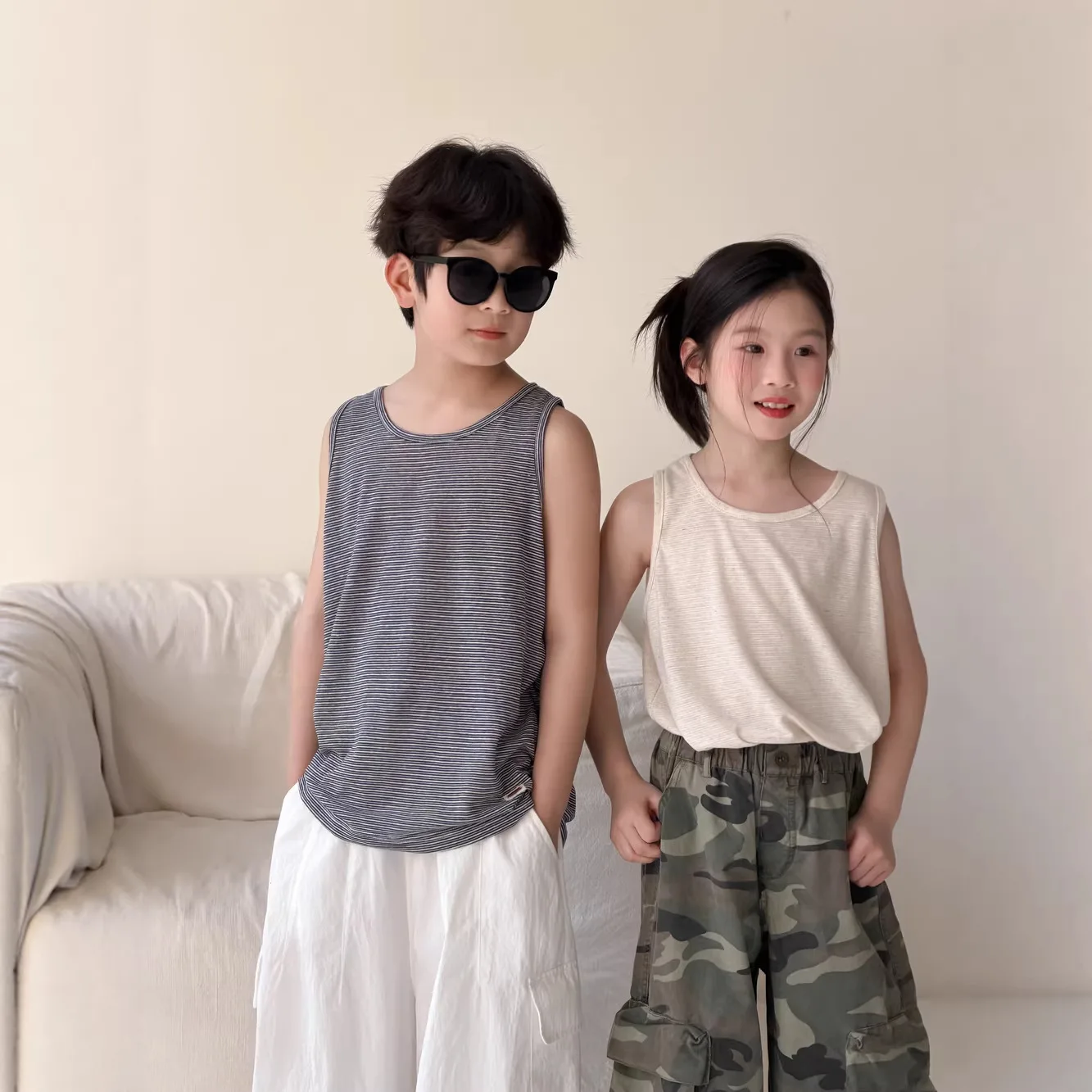 

2026 Summer Kids Striped Tank Top Unisex Boy Girl Sleeveless Crew Neck Breathable Stretch Casual Cotton Vest Summer Tee