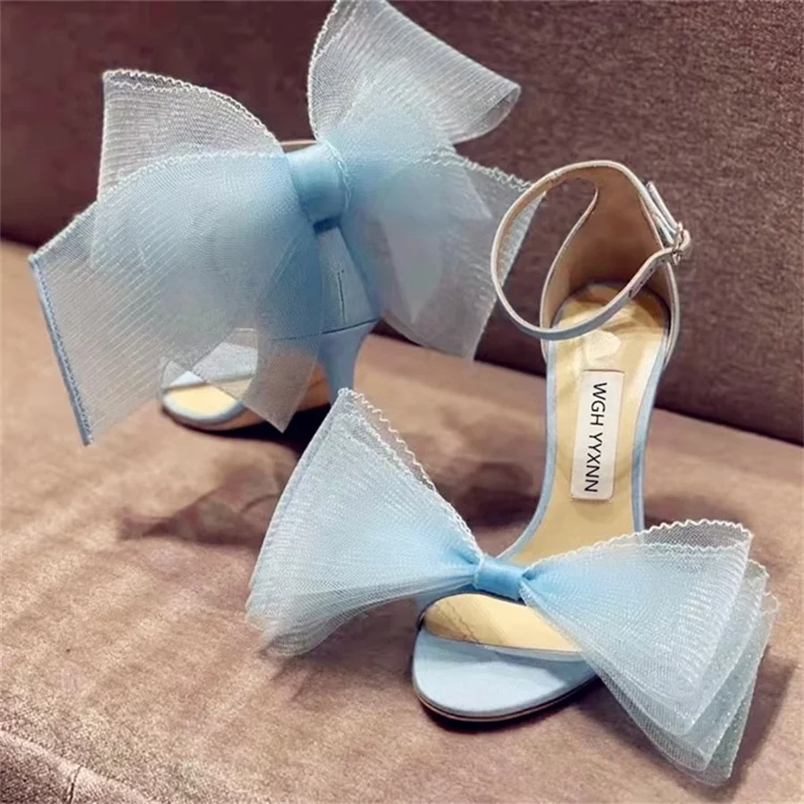 Blue Bow Banquet Thin High Heels Sandals for Women New Elegant Rose Red Sexy Irregular Blue Stripe Sandals Female Size 42