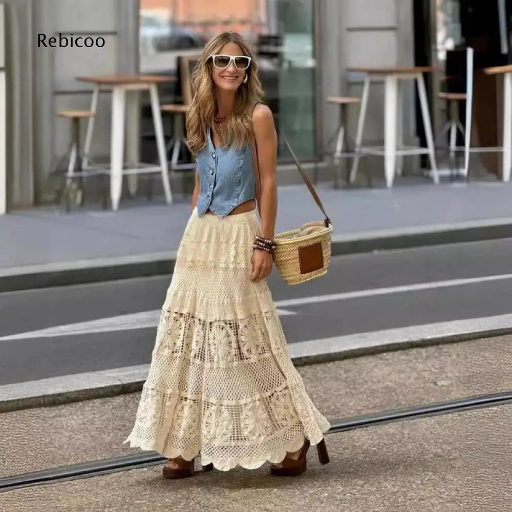 Elastic Waist Crochet Long Skirt Ladies Tiered Hollow Out Scalloped Hem Maxi Skirt For Beach Trip And Outdoor Leisure Occasions