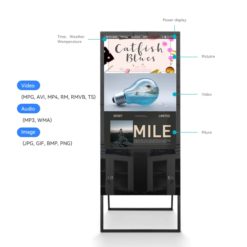 32 43 49 55 65 Inch A-type Digital Signage Advertising Player Full Touch Screen Portable Lcd Poster Displaywith Wheels