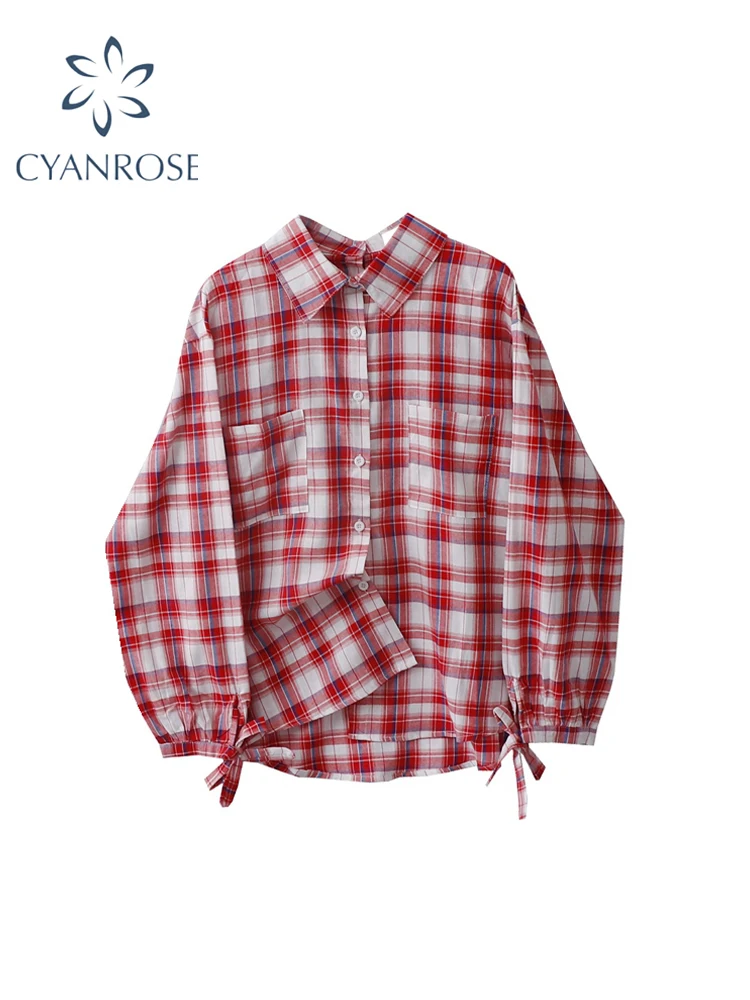 Women\'s Red Plaid Long Sleeve Shirts Blouses 90s Y2k Vintage Harajuku Elegant Streetwear Polo-Neck Shirt 2000s Fashion Clothes