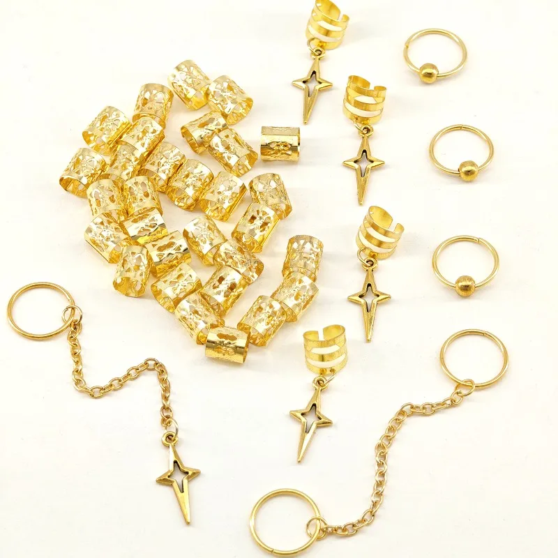 40Pcs Gold Metal Dreadlock Hair Rings with Chain Cross Star Charms for Braided Styles Non Slip Lightweight Daily High Quality