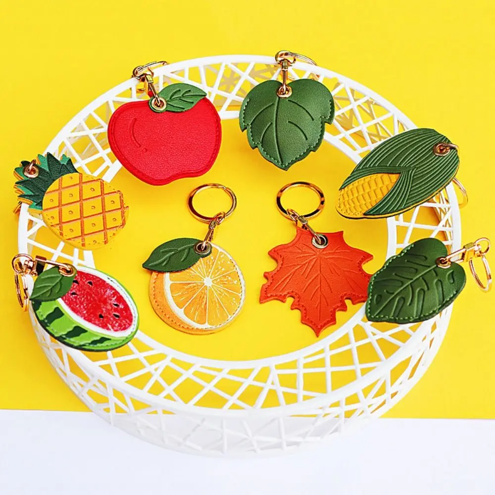 

Fruit Green Leaves Leather Keychain Anti-lost Protective Cartoon Key Holder Cartoon Fruit DIY Charms PU Fruit Key Rings
