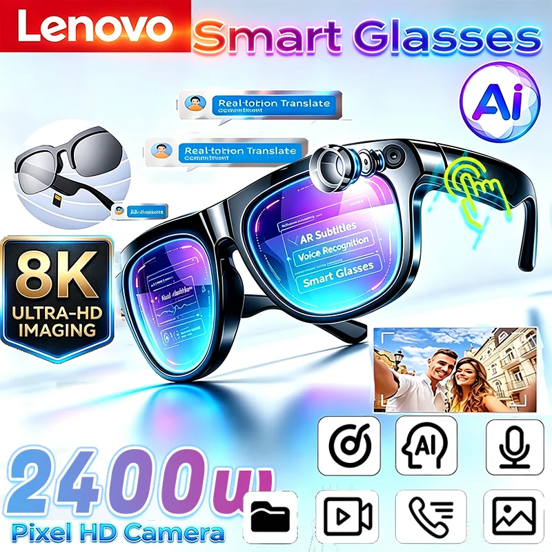Lenovo 8K Smart AI Translation Glasses Bluetooth Conversation 2400MP Recording Listening To Music Insert Cards Smart Sunglasses