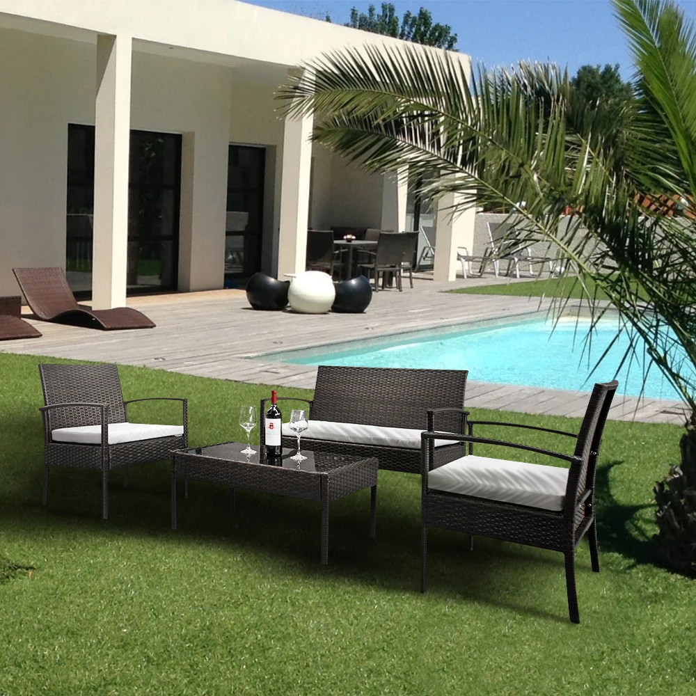 

US Stock 2pcs Arm Chairs 1pc Love Seat & Tempered Glass Coffee Table Rattan Sofa Set Brown Gradient Fast Shipping