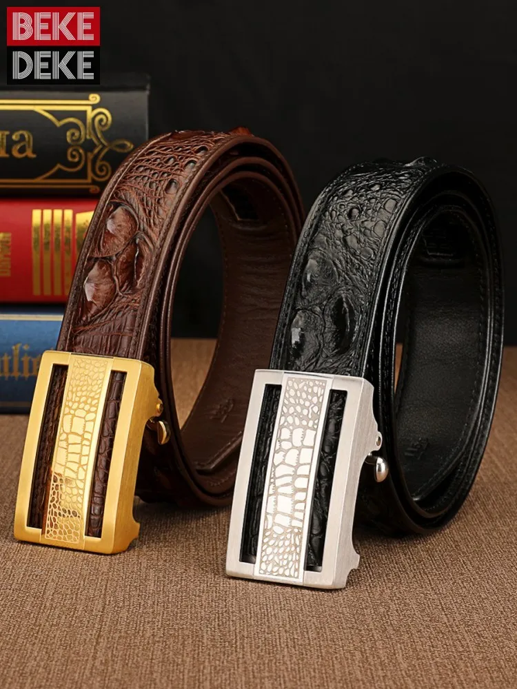 New Casual Men Solid Color Crocodile Skin Genuine Leather Belt Smooth Buckle Business Office Male Fashion Waistband For Pants