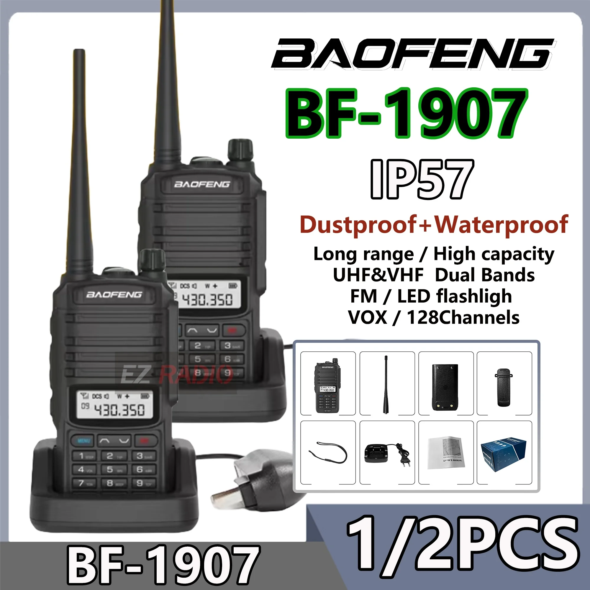 1/2Packs BaoFeng BF-1907 Dual Band Waterproof Walkie Talkie 10W High Power UHF VHF Handheld Two Way Radio Long Range For Camping
