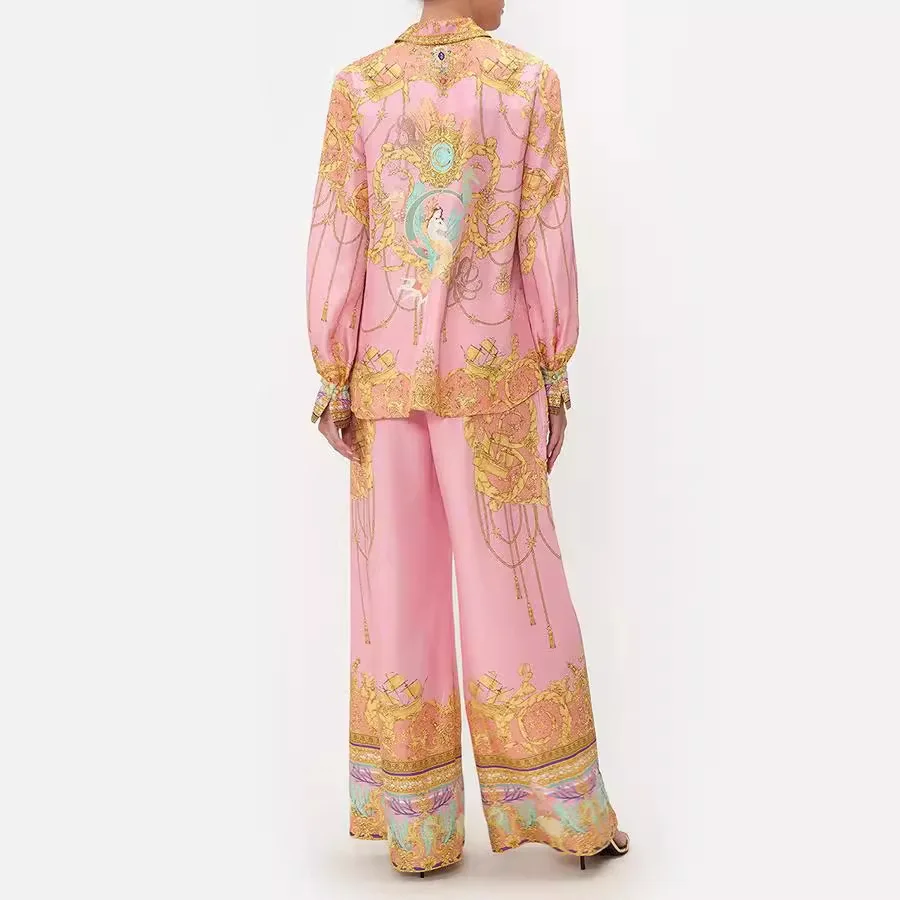 ملابس السباحة التستر الشاطئ النساء فستان صيف 2025 قفطان صيدا دي برايا جديد الترفيه عطلة طويلة الأكمام الوردي قميص مطبوع السراويل