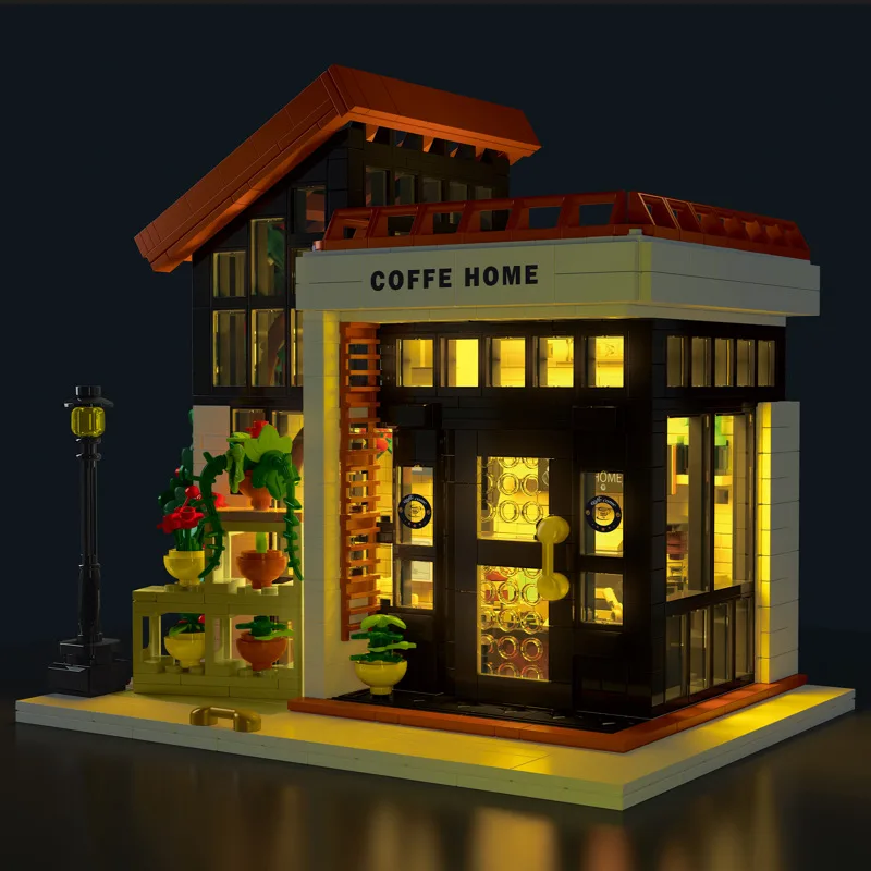 XMork 031062 Sunshine Cafe Model Modular Street View Series With Lighting DIY Toys Building Blocks Boy's Gift 1512Pcs