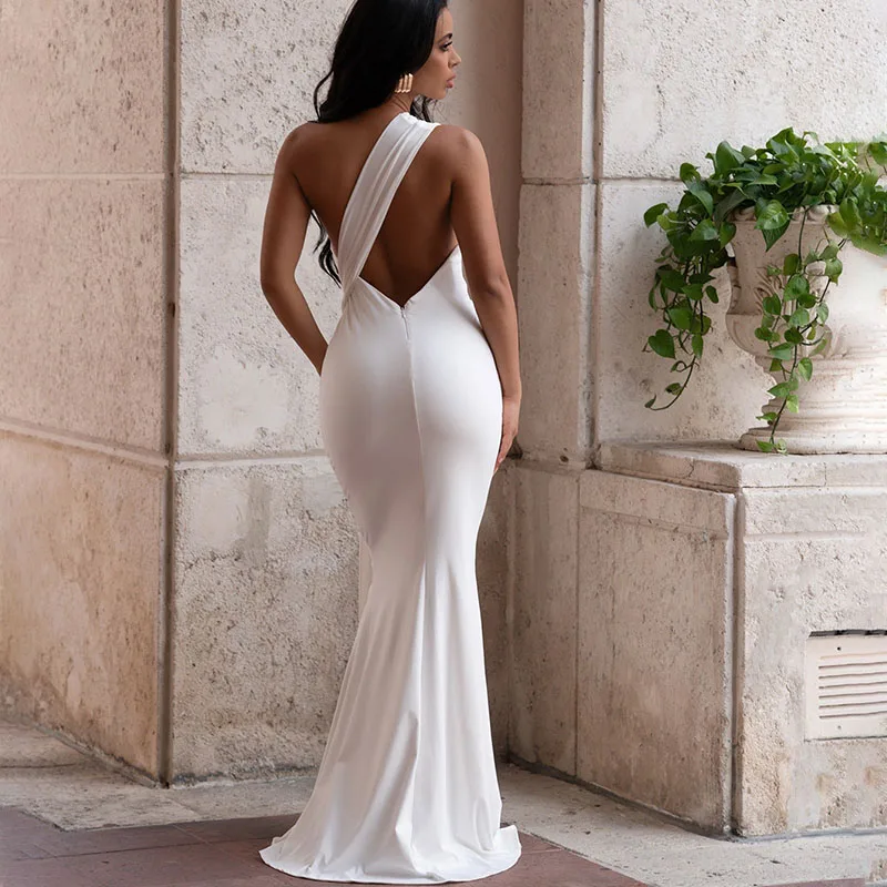 Doyerl One Shoulder Mermaid Evening Dresses for Women Elegant Celebrity Metal Button Night Club Party Prom Dress with Ribbon