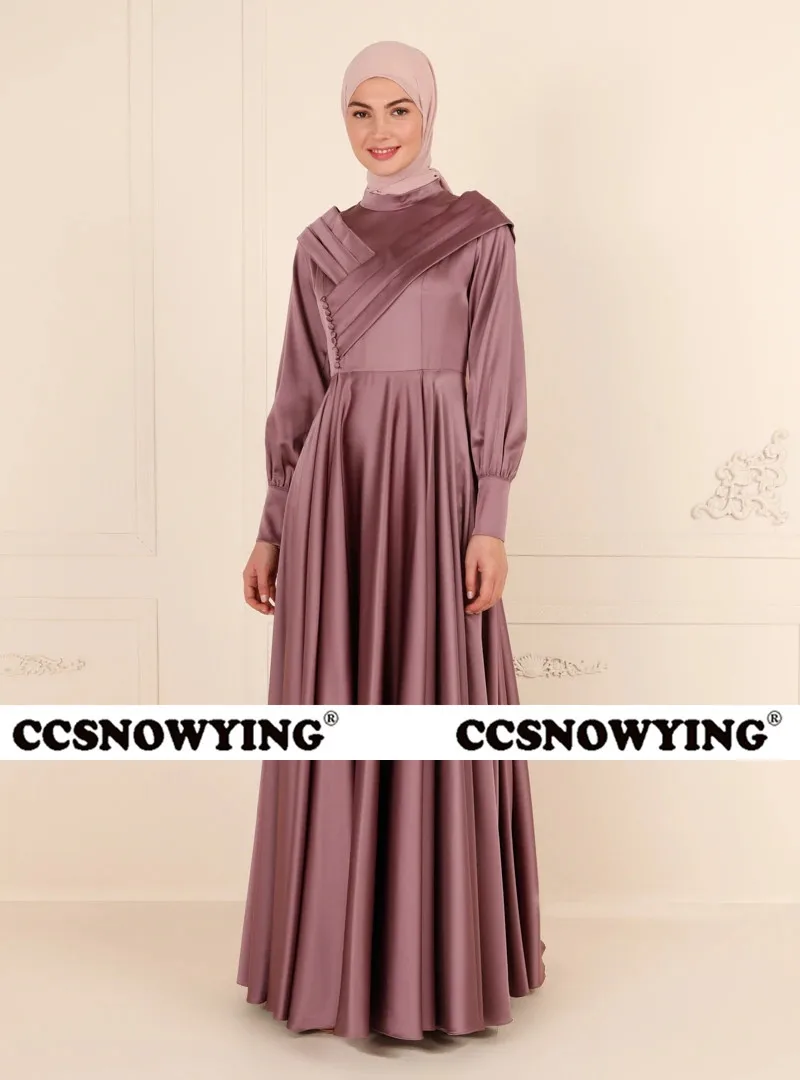 

Simple Satin Buttons Long Sleeve Muslim Evening Dresses A Line Hijab Formal Party Gown Arabic Dubai Islamic Robe De Soiree