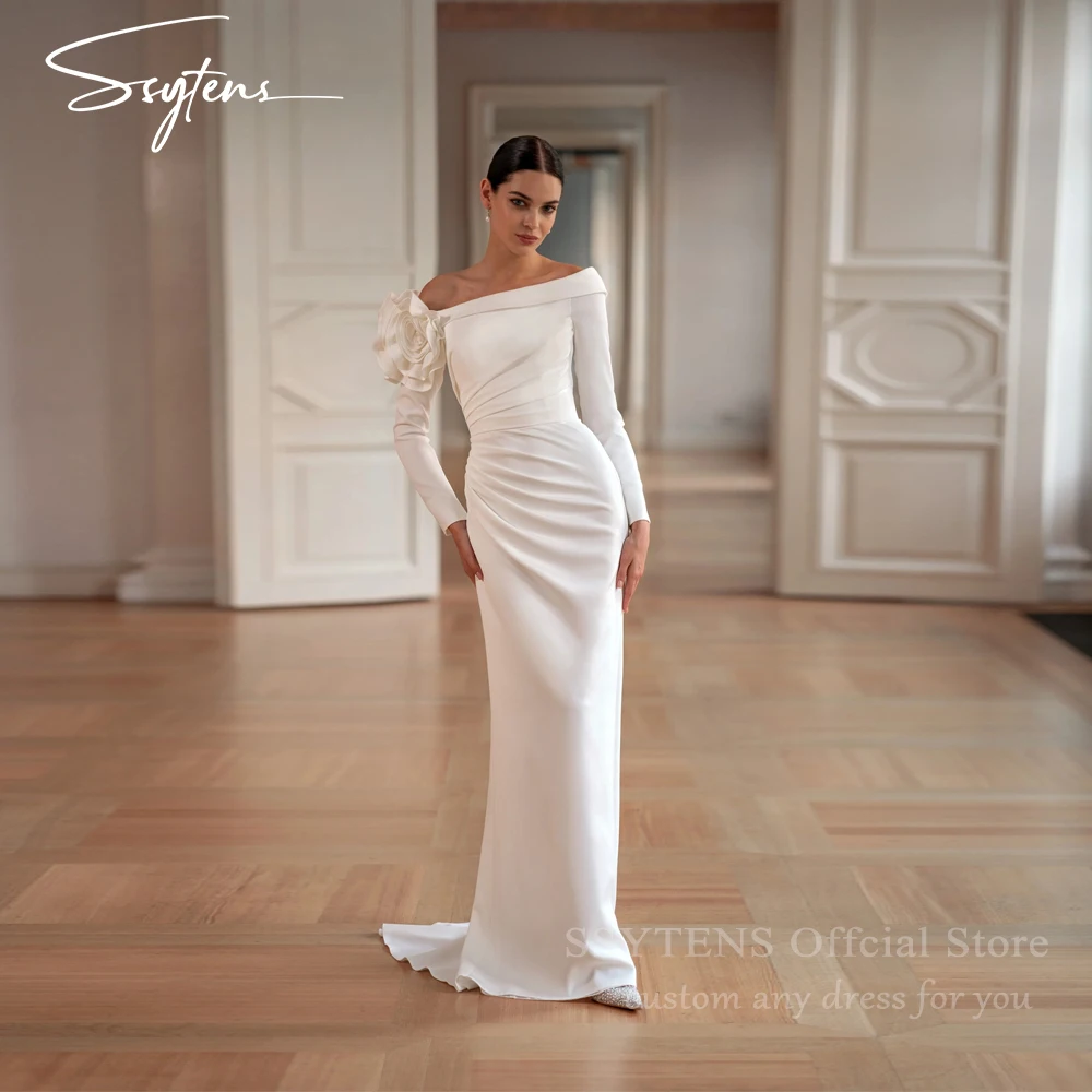 

SSYTENS Modest Off Shoulder Mermaid Wedding Dresses Ivory Long Sleeves Bridal Gown Floor Length Satin Customized Civil Gowns