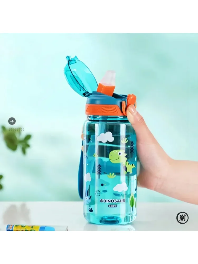 Bouteille d'eau dinosaure de 600ml pour enfants, tasse à bec avec paille en Silicone, bouteilles d'eau en plastique étanches, tasse d'eau d'été pour enfants