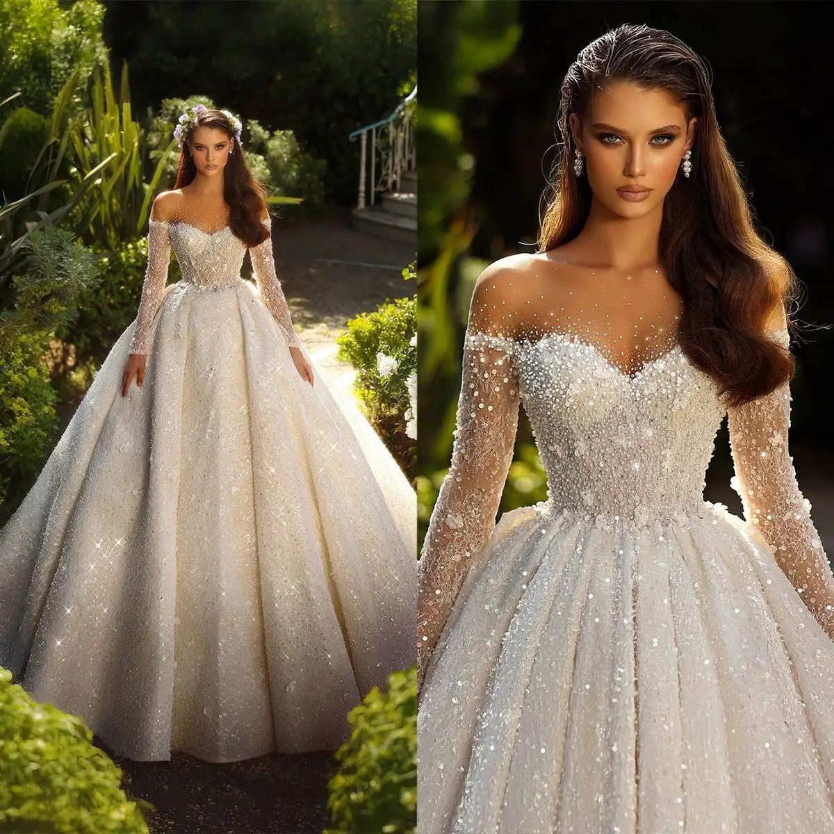 

Elegant A Line Wedding Dresses Sweetheart Lace Shiny Paillette Pearl Bridal Gown Sweep Train Vestidos De Novia Customized