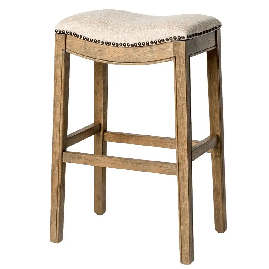 

Adrien Backless Bar Stool 31 Inch Saddle Seat with Footrest Natural Solid Wood Frame amp Natural Fabric Upholstery Ideal for Bar
