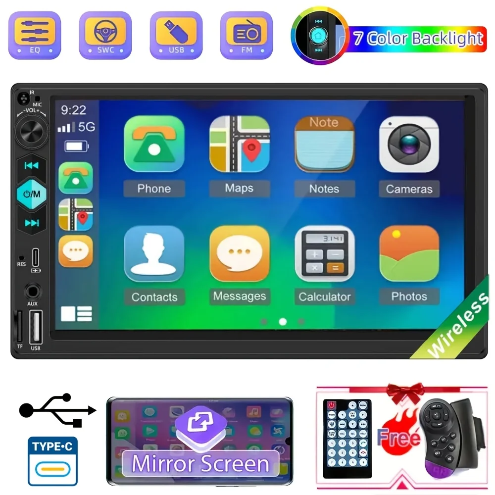 مشغل MP5/MP4 للسيارة مقاس 7 بوصات مع شاشة تعمل باللمس، وصلة مرآة، منفذ من النوع C والتحكم في عجلة القيادة - راديو ستيريو للوسائط المتعددة 2DIN