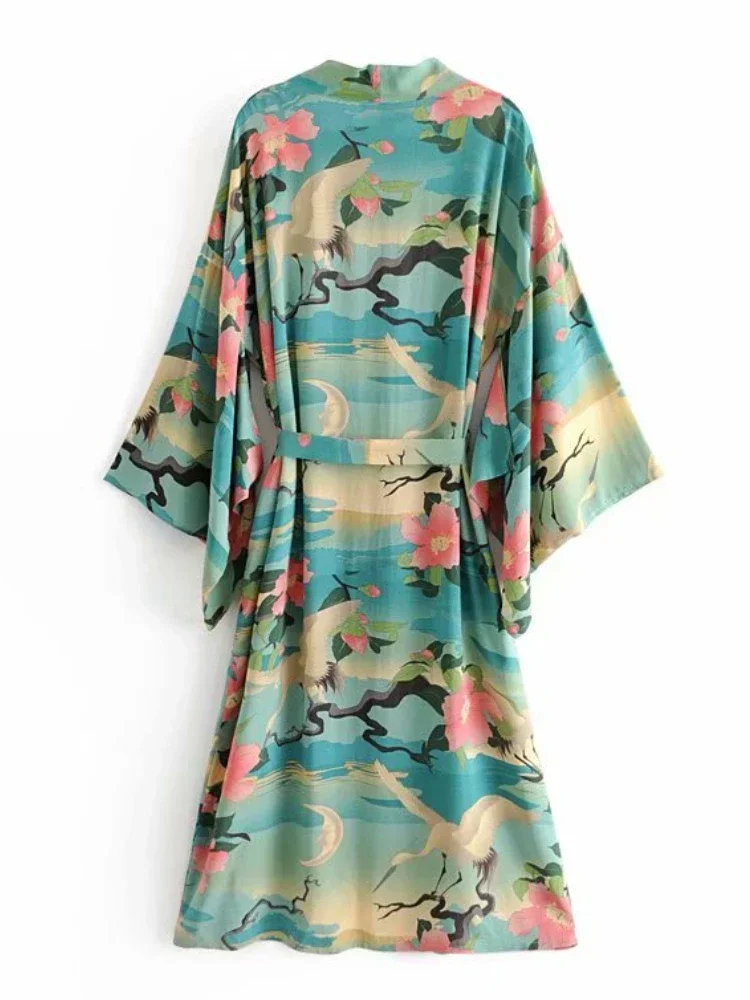 Green Crane Floral Print Boho Kimono Dress Women V Neck Batwing Sleeves  Rayon Cotton Bohemian Beach Robe Cover-ups