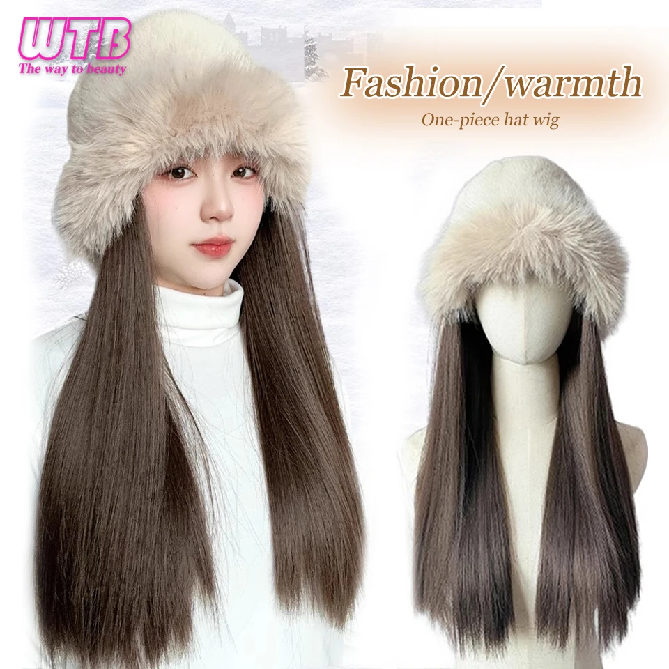 WTB Synthetic Hat Wig Women's Fashion New Autumn And Winter Plush Hat Long Straight Hair Thickened Warm Wig Hat